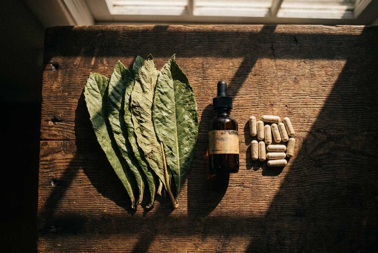 Are Quick Glucose Spikes Normal? Dried loquat leaves arranged neatly on a wooden table next to wellness supplement capsules.