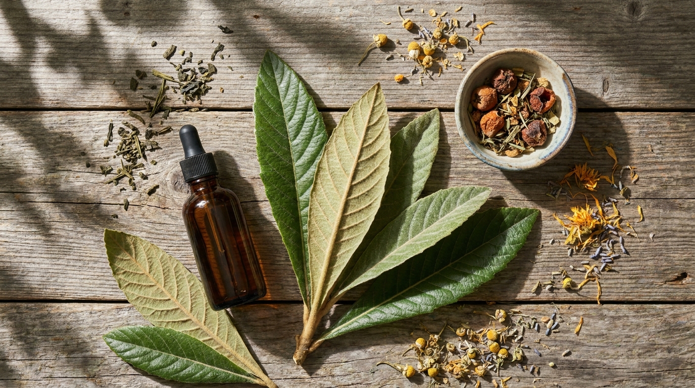 Fresh and dried loquat leaves arranged on a wooden table beside an amber supplement bottle.