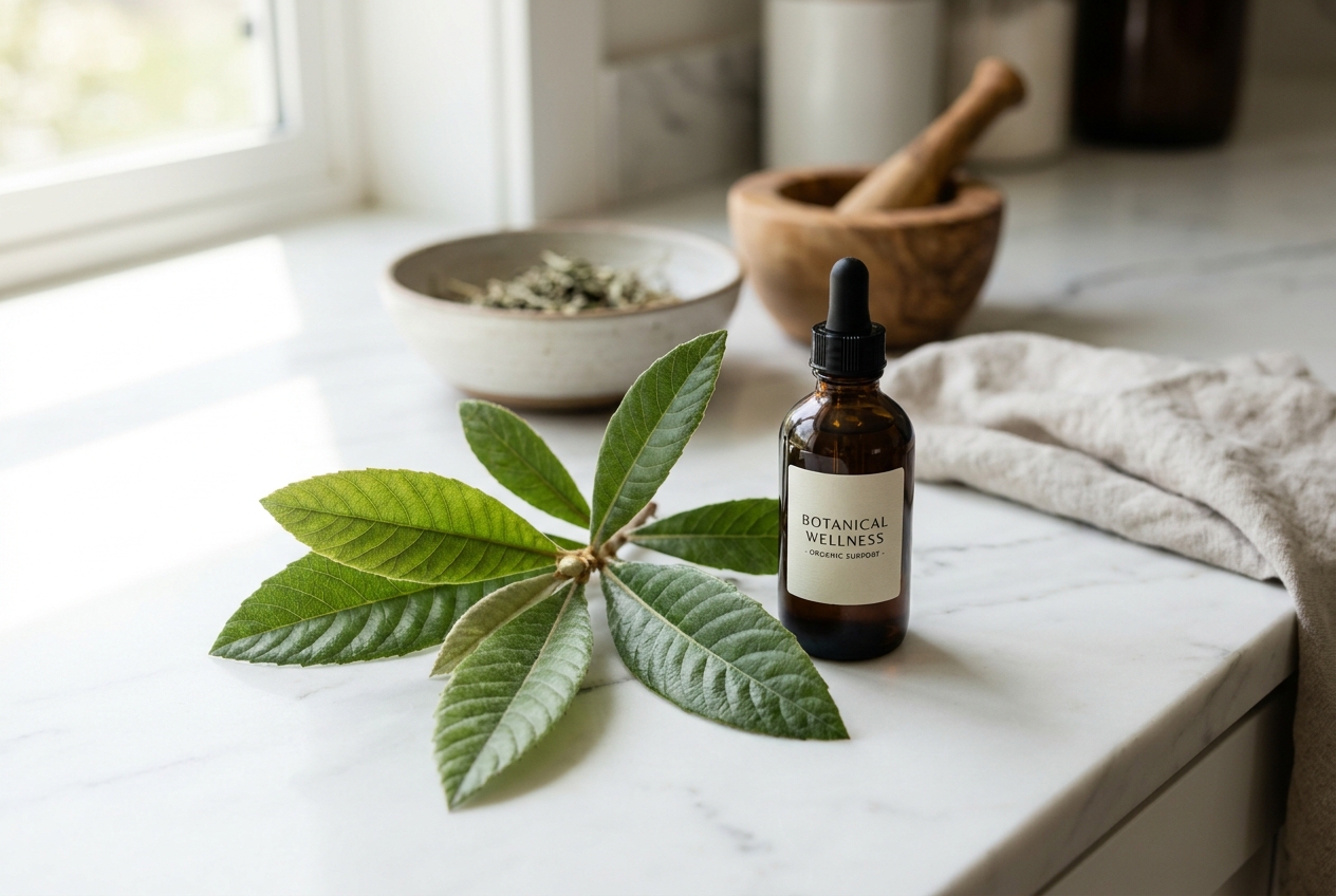 Fresh green loquat leaves next to a dark amber glass supplement bottle on a marble counter.