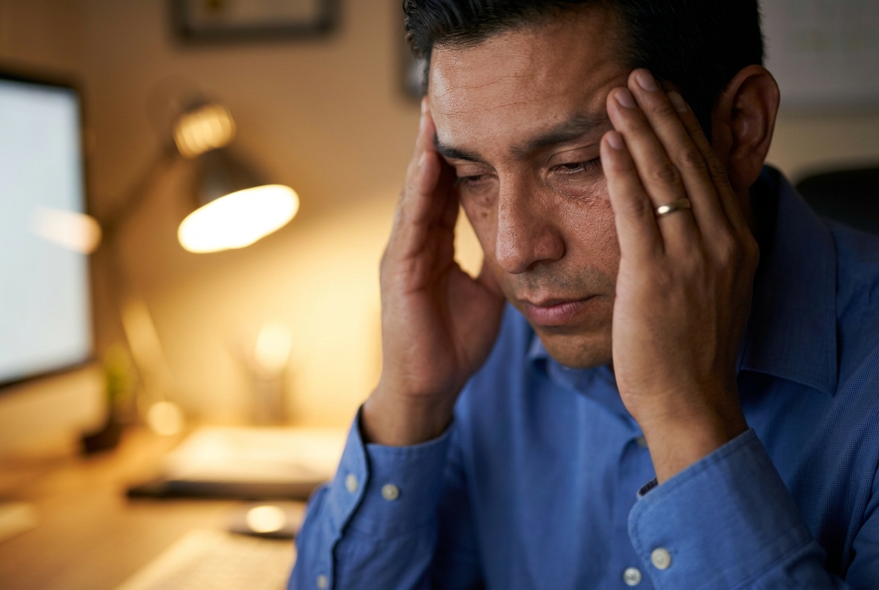 Decoding Your Body: Real Signs of Glucose Spikes and How to Maintain Stable Energy A man rubbing his temples in a softly lit office environment.