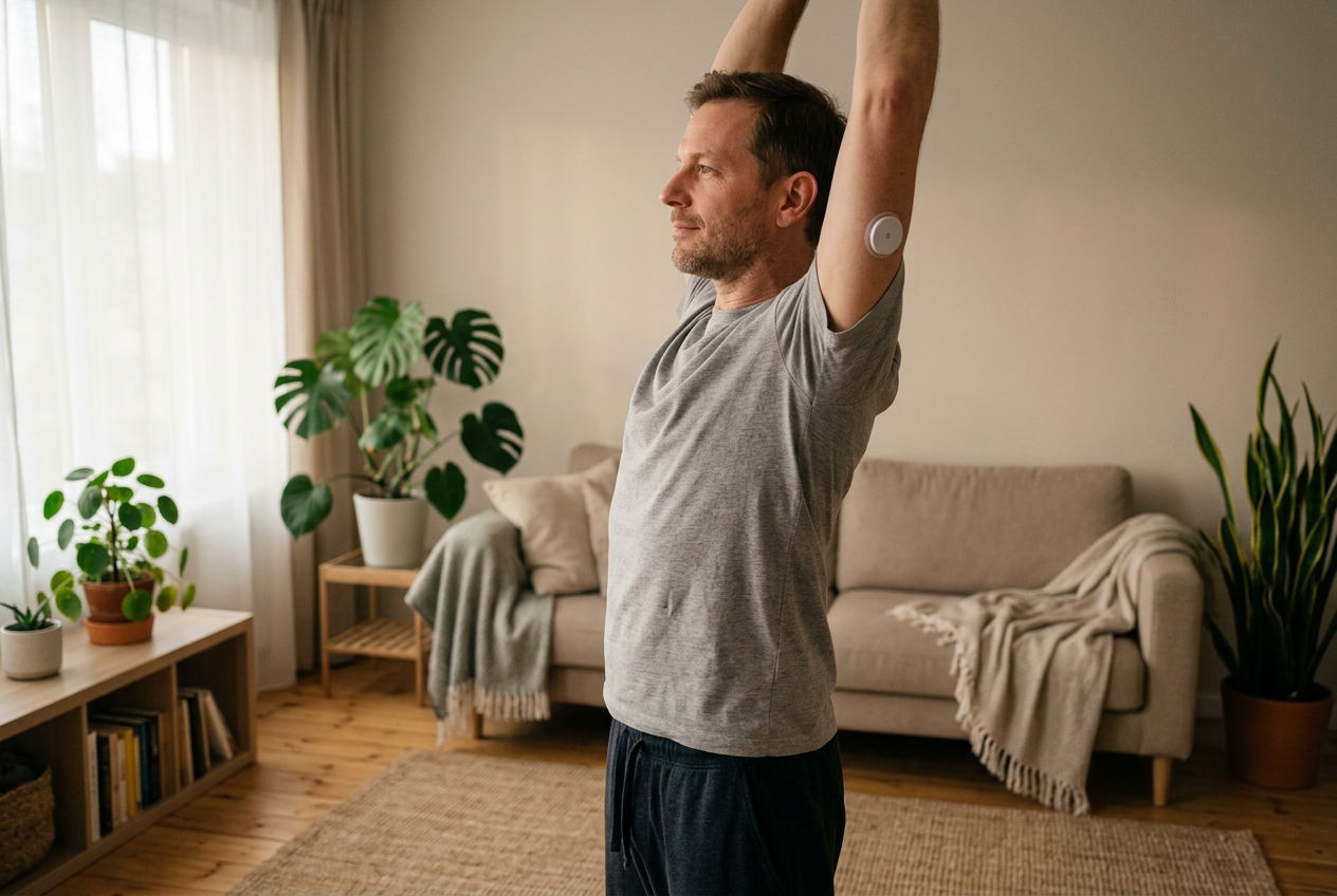 A man stretching his arms in a bright living room, wearing a continuous glucose monitor on the back of his arm.