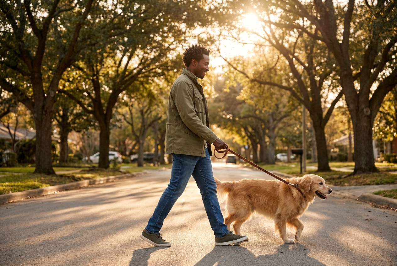 An African American man walking his golden retriever down a tree-lined sidewalk at sunset.