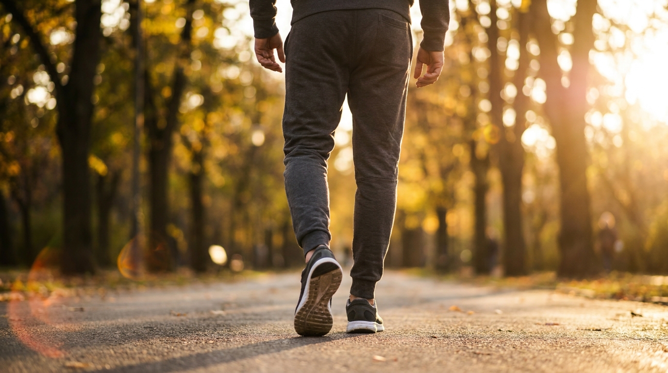 Lower body shot of a man walking along a sunlit park path in athletic shoes.