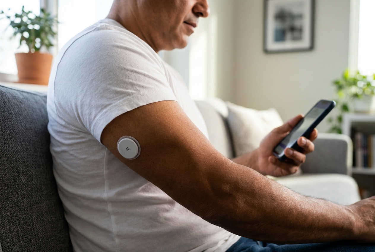 A man relaxing on a couch with a continuous glucose monitor correctly placed on the back of his upper arm.