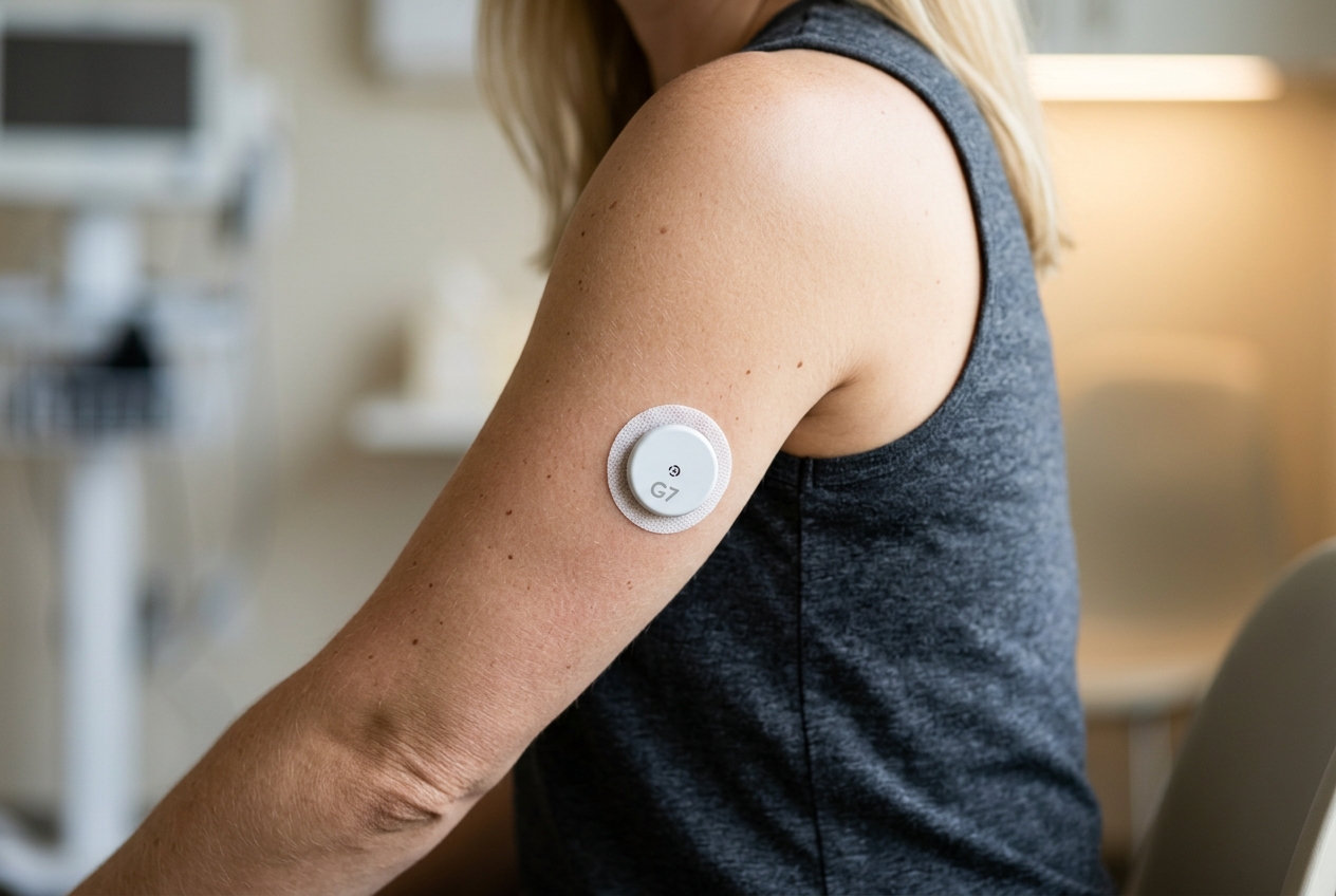 Close-up of a medically accurate continuous glucose monitor attached to the back of a person's upper arm.