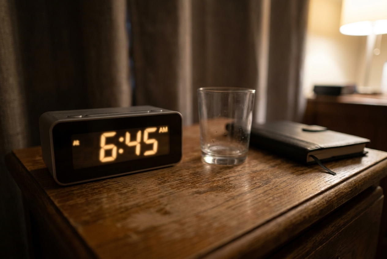 Close-up of a digital alarm clock and water glass on a dark wooden nightstand.