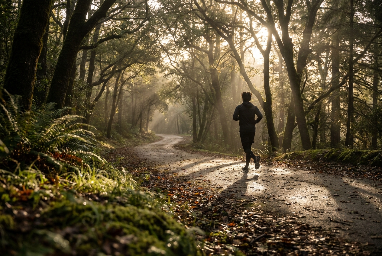 Silhouette of a man jogging on a sunlit, tree-lined path.