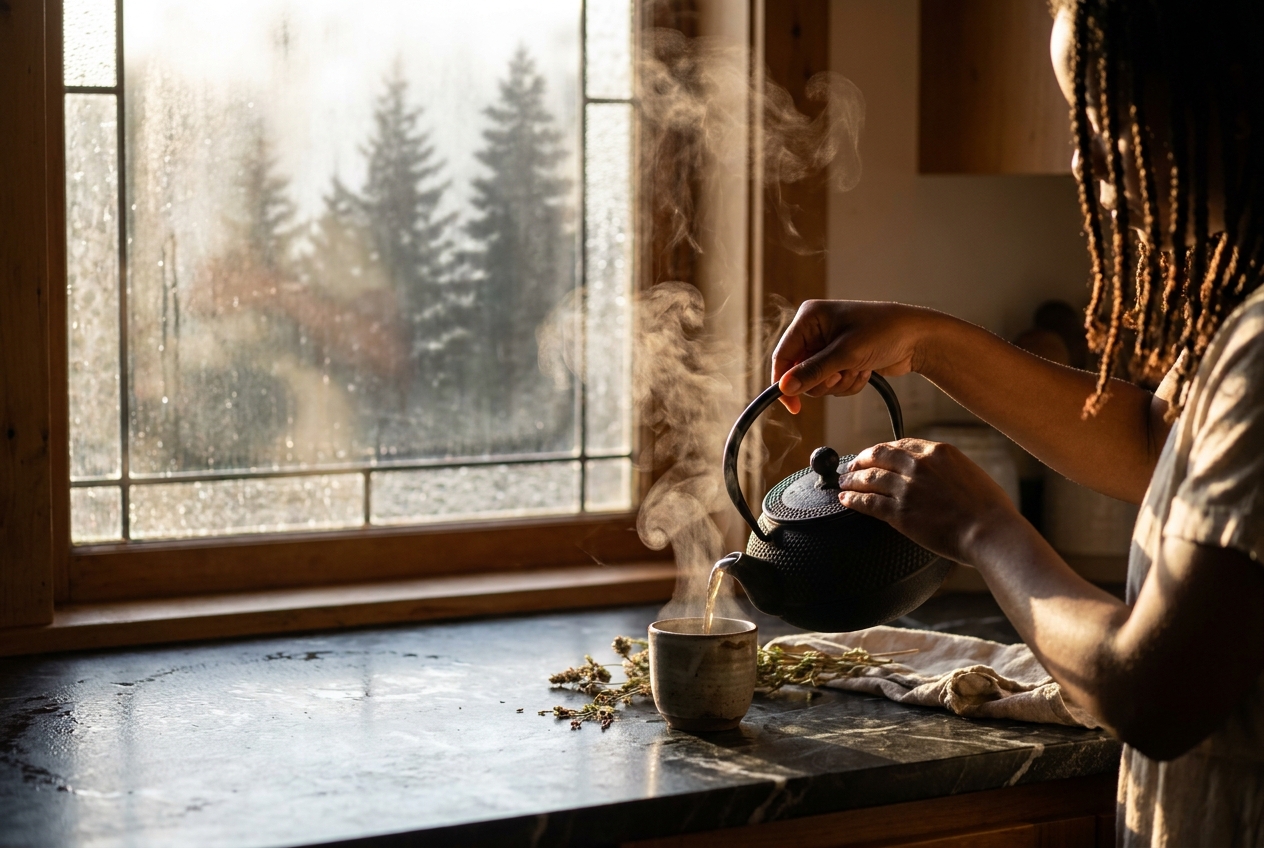 Silhouette of a woman pouring steaming herbal tea in a sunlit, moody kitchen.