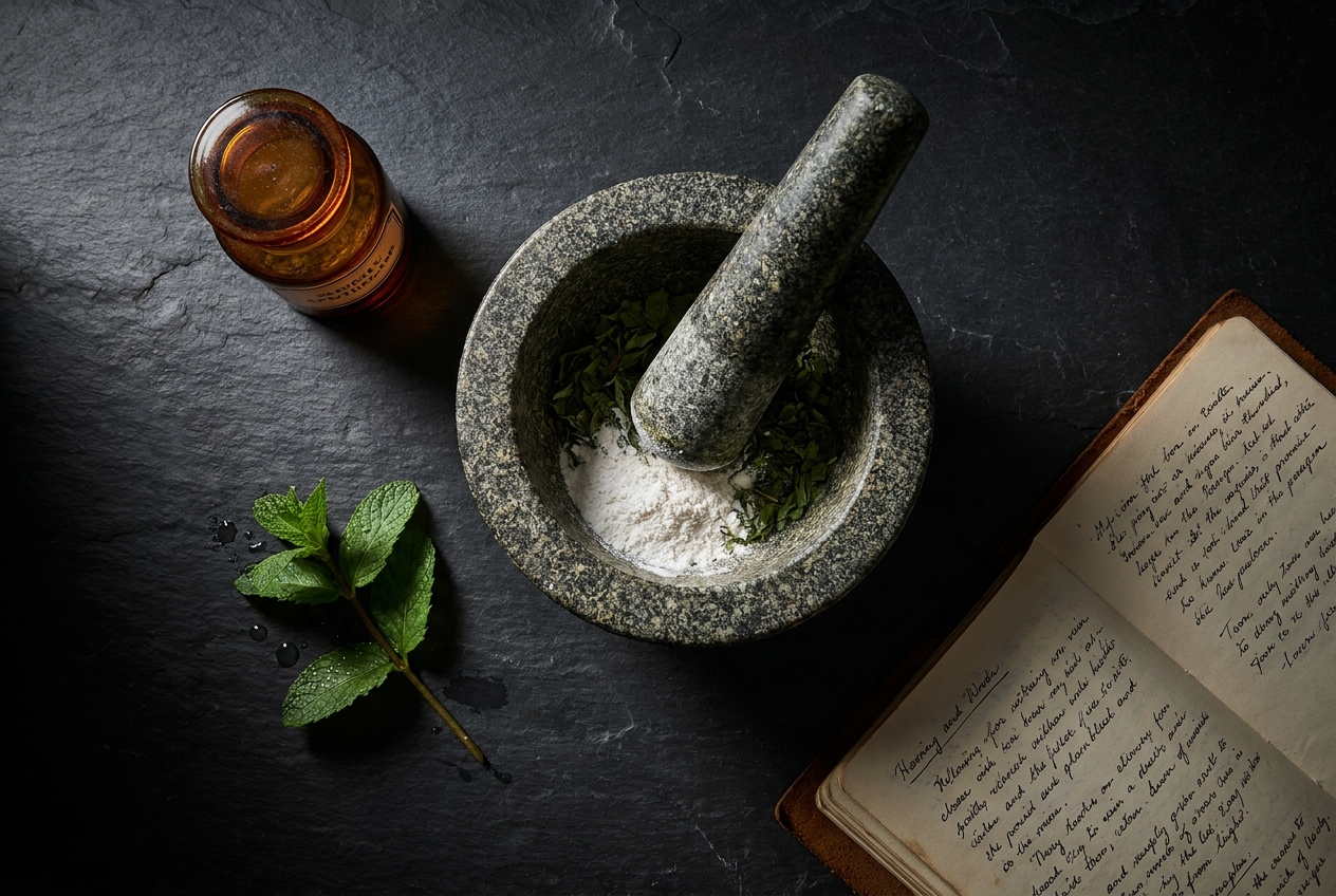 Mortar and pestle with crushed herbs and white powder on a dark slate counter.