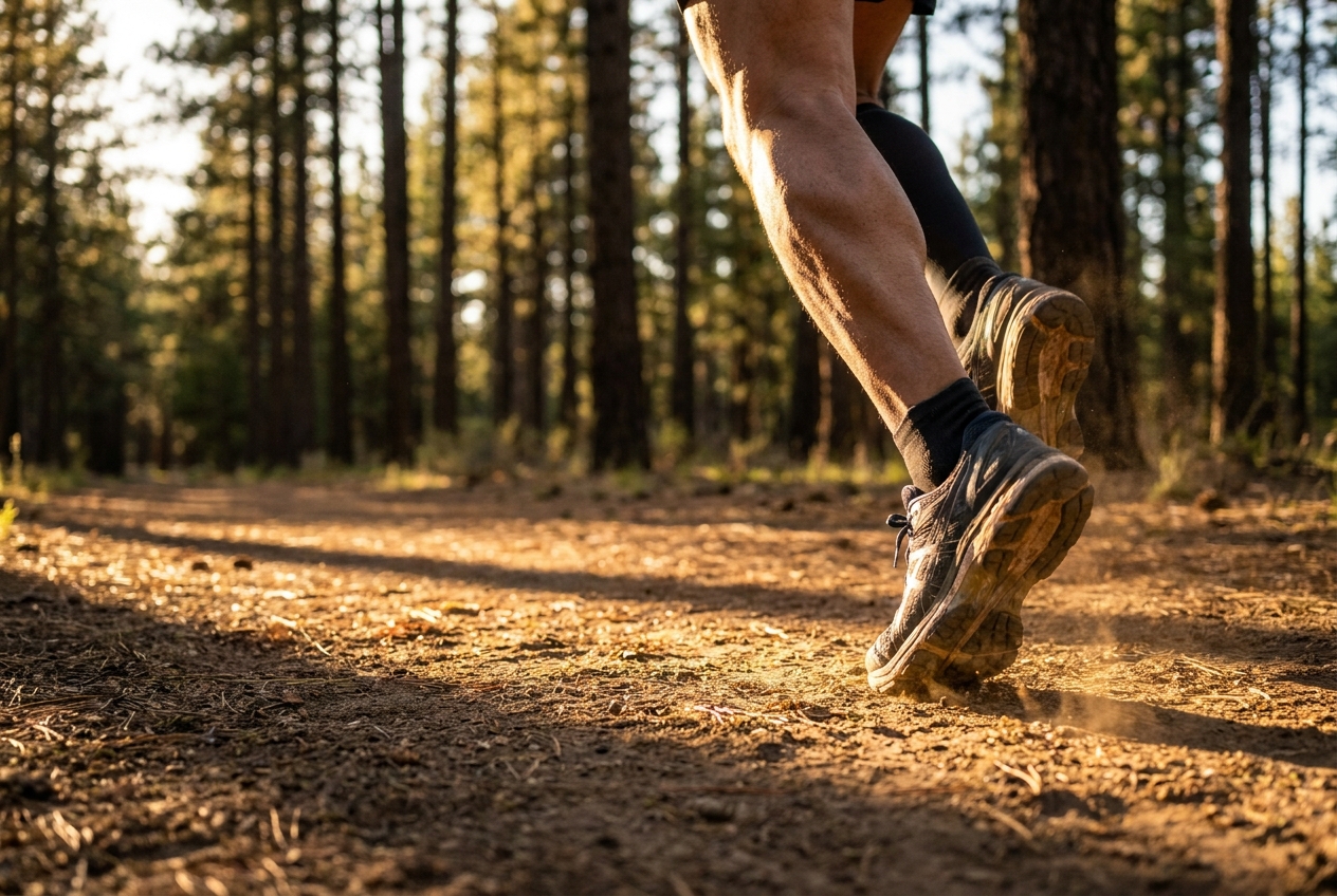 Close-up action shot of a runner's legs and shoes mid-stride on a dirt nature trail.