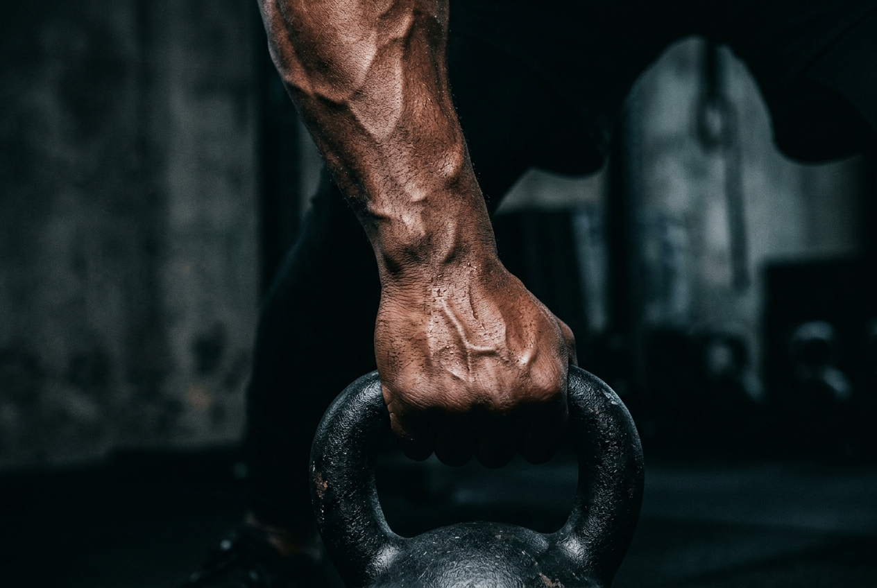 Close up of a muscular hand tightly gripping a heavy kettlebell.