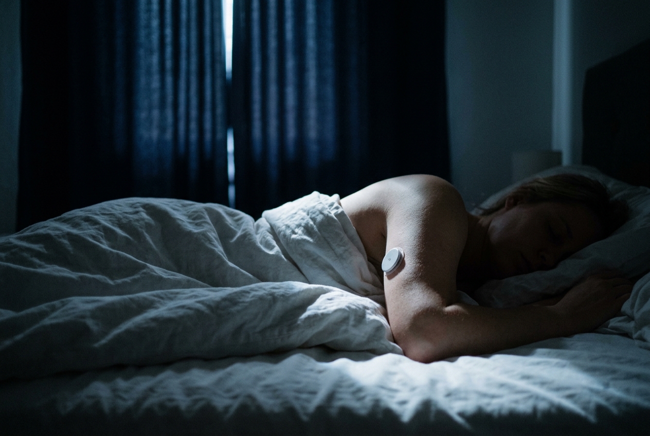 A person's arm resting on white bed sheets illuminated by moonlight.