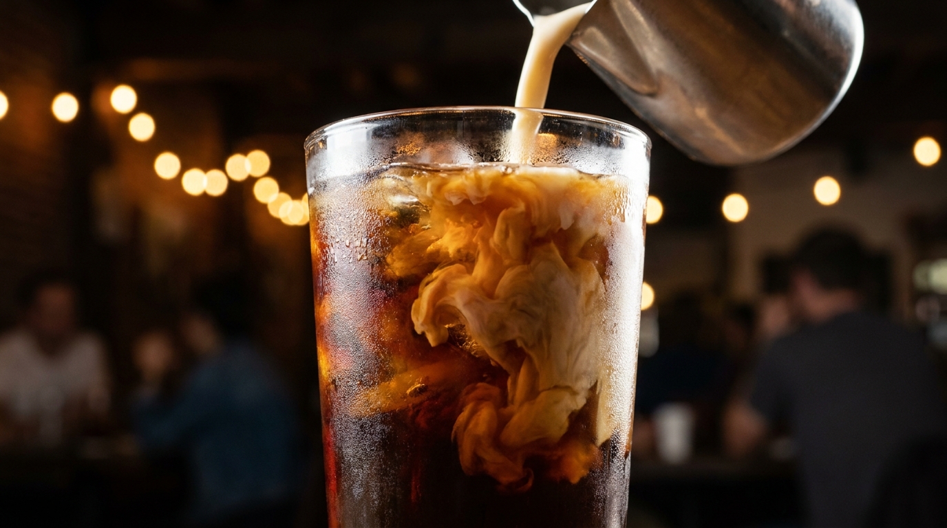 Close-up macro shot of creamy oat milk swirling into dark iced coffee.