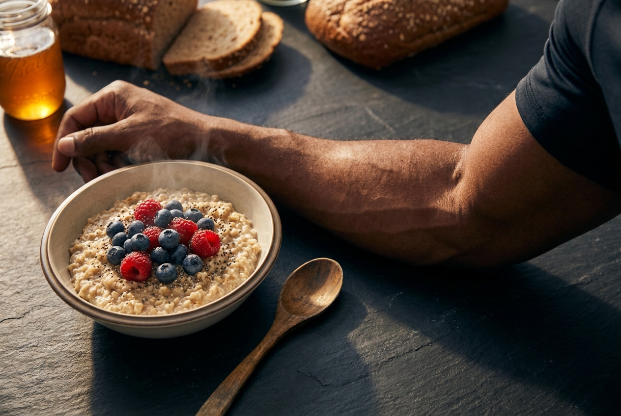 Stable Energy and Glucose Regulation: Understanding Flat CGM Graphs After Meals A steaming bowl of oatmeal with berries on a dark counter next to a person's muscular arm.
