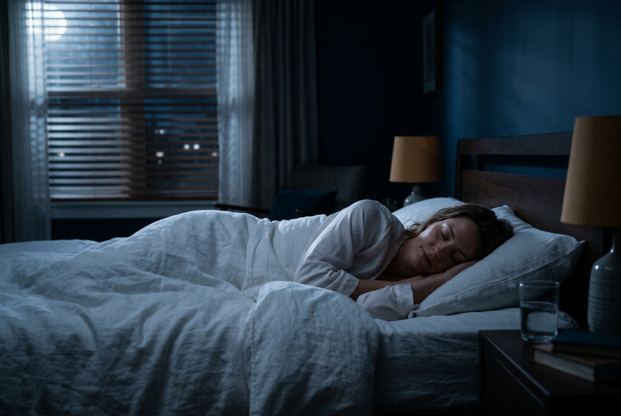 How Blood Sugar Shapes Your Immune System: The Glucose-Immunity Connection A tranquil bedroom at night with soft moonlight illuminating a person sleeping peacefully under white sheets.