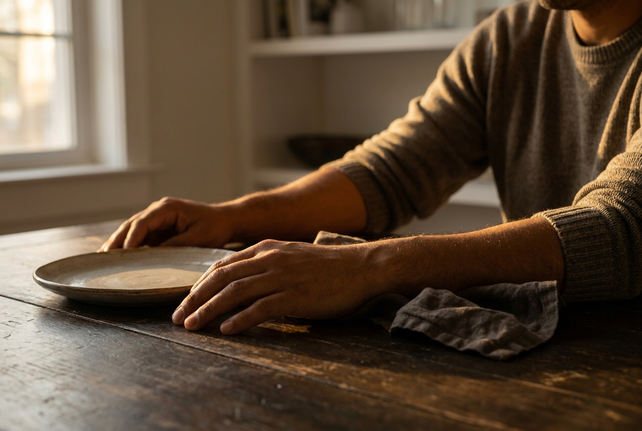 Person's hands resting heavily on a wooden table next to an empty ceramic plate.