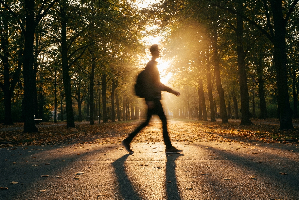 Cultivating Stable Energy: Understanding Glucose Spikes and Metabolic Health Silhouette of a person walking along a tree-lined path in the late afternoon sun.