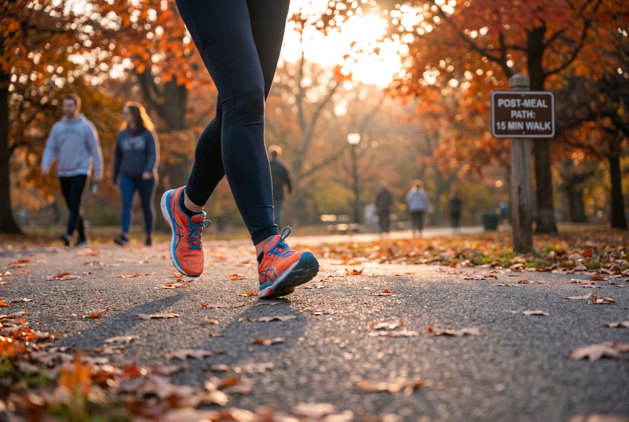 Close up of running shoes walking along a sunlit park path.