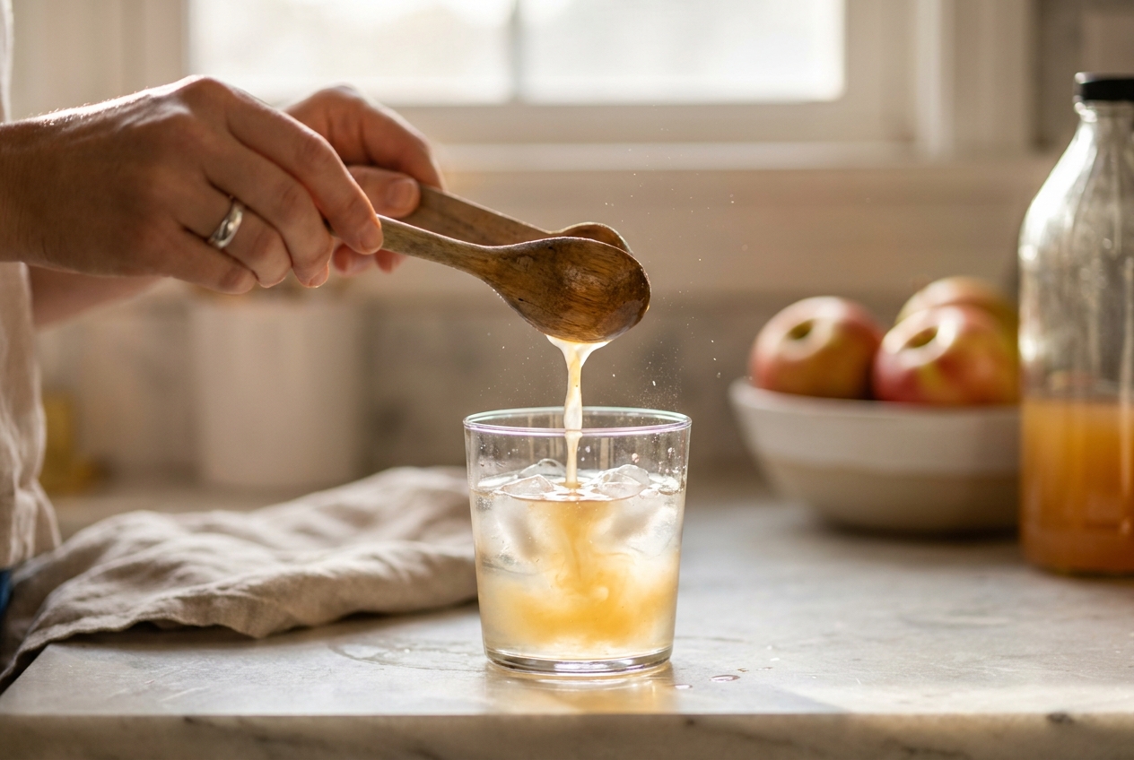 Apple cider vinegar being poured from a wooden spoon into a glass of water.