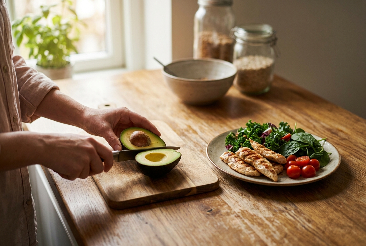 Hands preparing a healthy meal with avocado, greens, and protein.