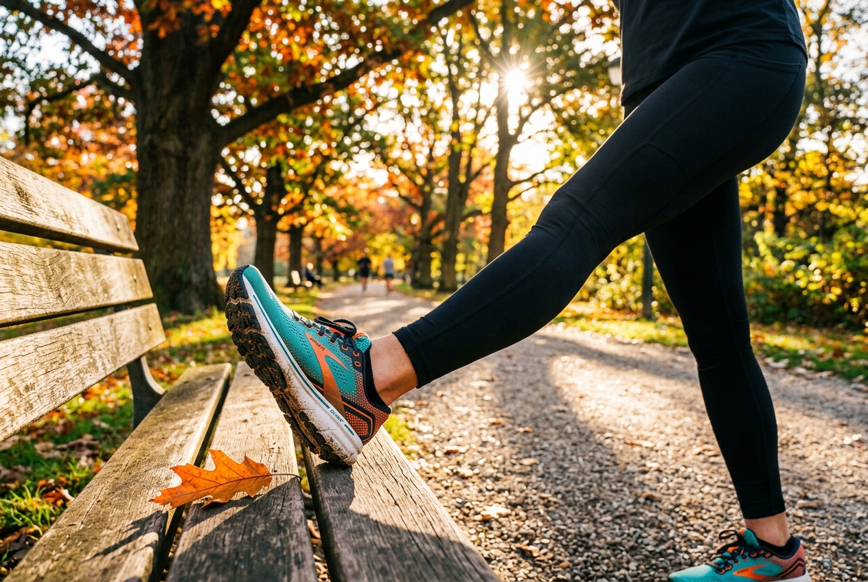 A runner's legs stretching against a park bench in bright morning sunlight.