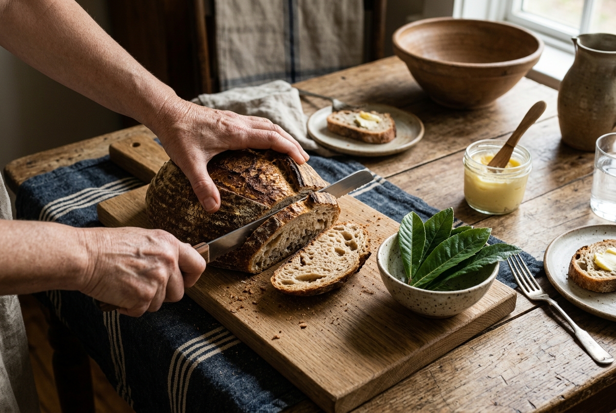Hands slicing a crusty sourdough loaf of bread next to a small bowl filled with fresh loquat leaves.