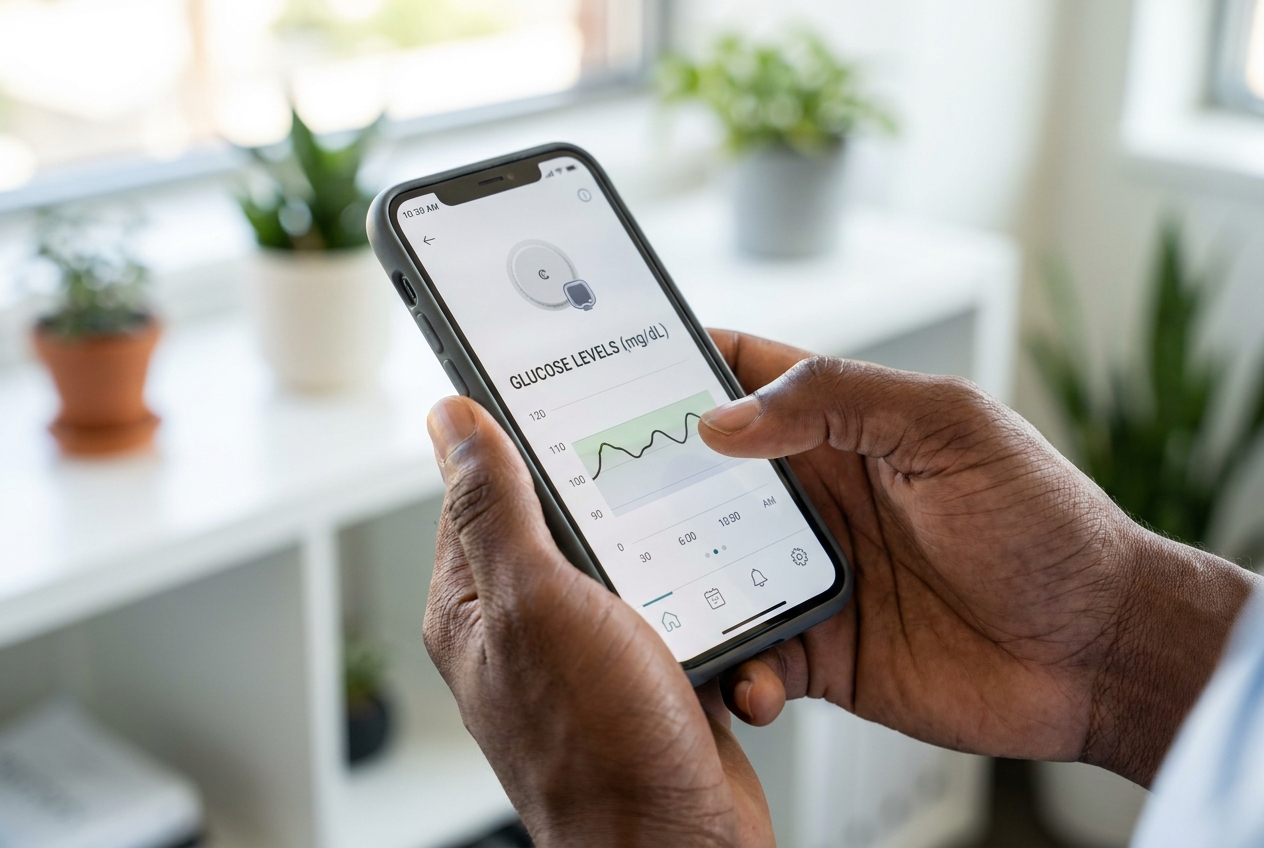 Hands holding smartphone displaying a realistic blood sugar tracking graph.