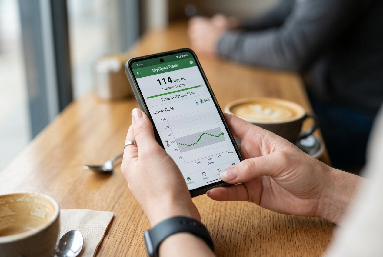 How Blood Sugar Shapes Your Immune System: The Glucose-Immunity Connection A smartphone screen displaying a realistic continuous glucose monitoring line graph and health metrics.