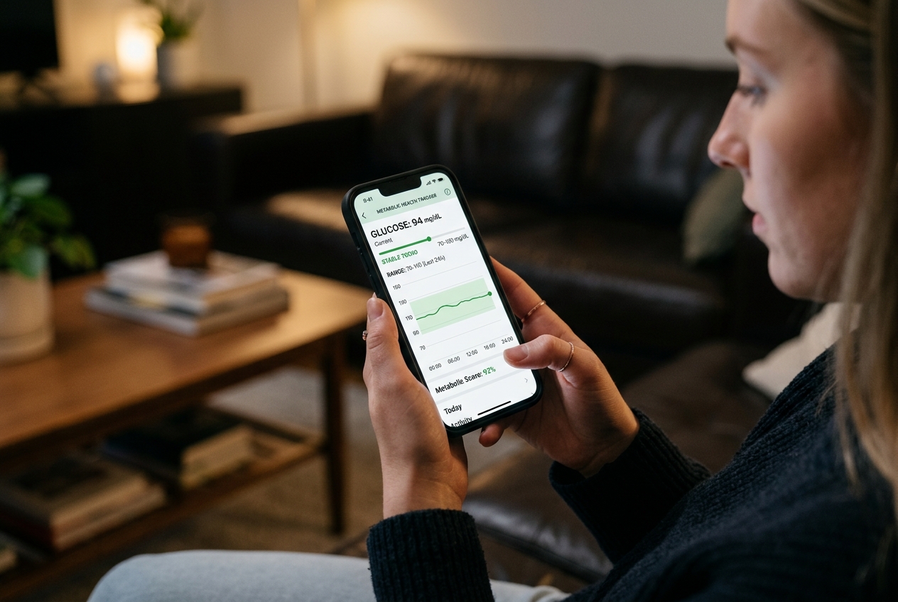Loquat Leaf vs. Berberine and Mulberry Leaf for Blood Sugar Control: What Actually Works? Hands holding a smartphone displaying a stable glucose trend graph on a health app.