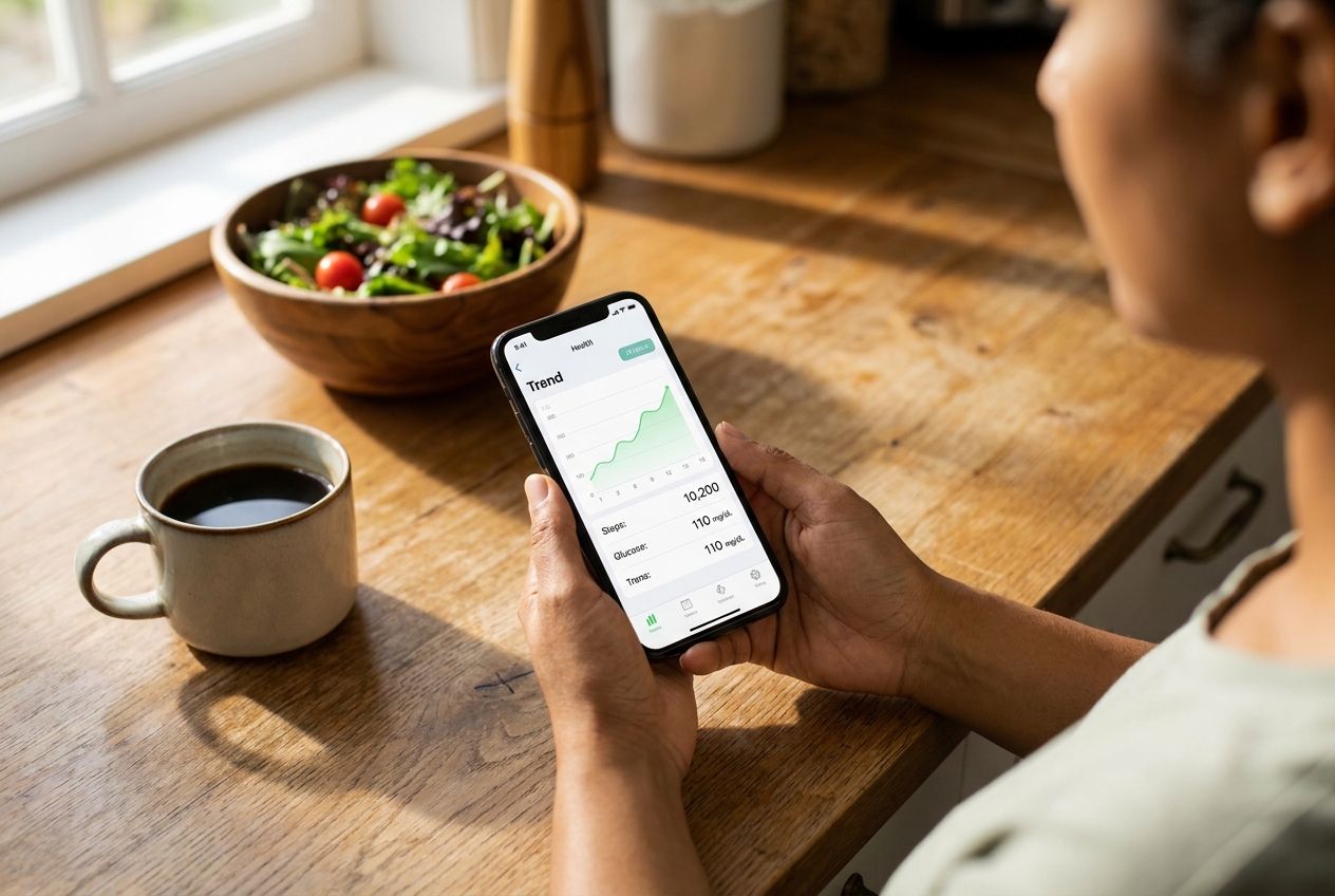 Person checking a health tracking app with a green trend line on a smartphone.