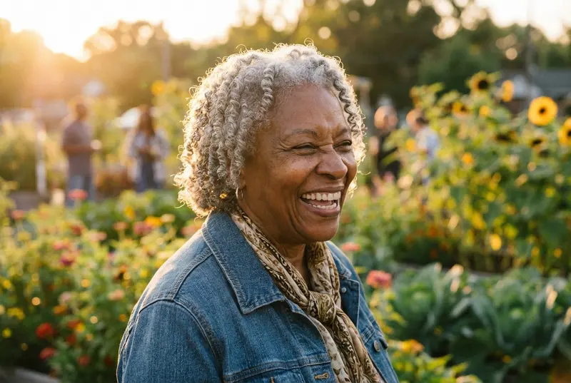 Finding Balance After a Diagnosis: A Guide to Metabolic Health and Resilience Smiling older African American woman standing in a garden with golden lighting.