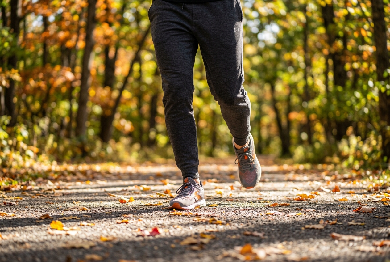 Close-up of a person's legs and sneakers mid-stride while walking on a sunny park pathway.
