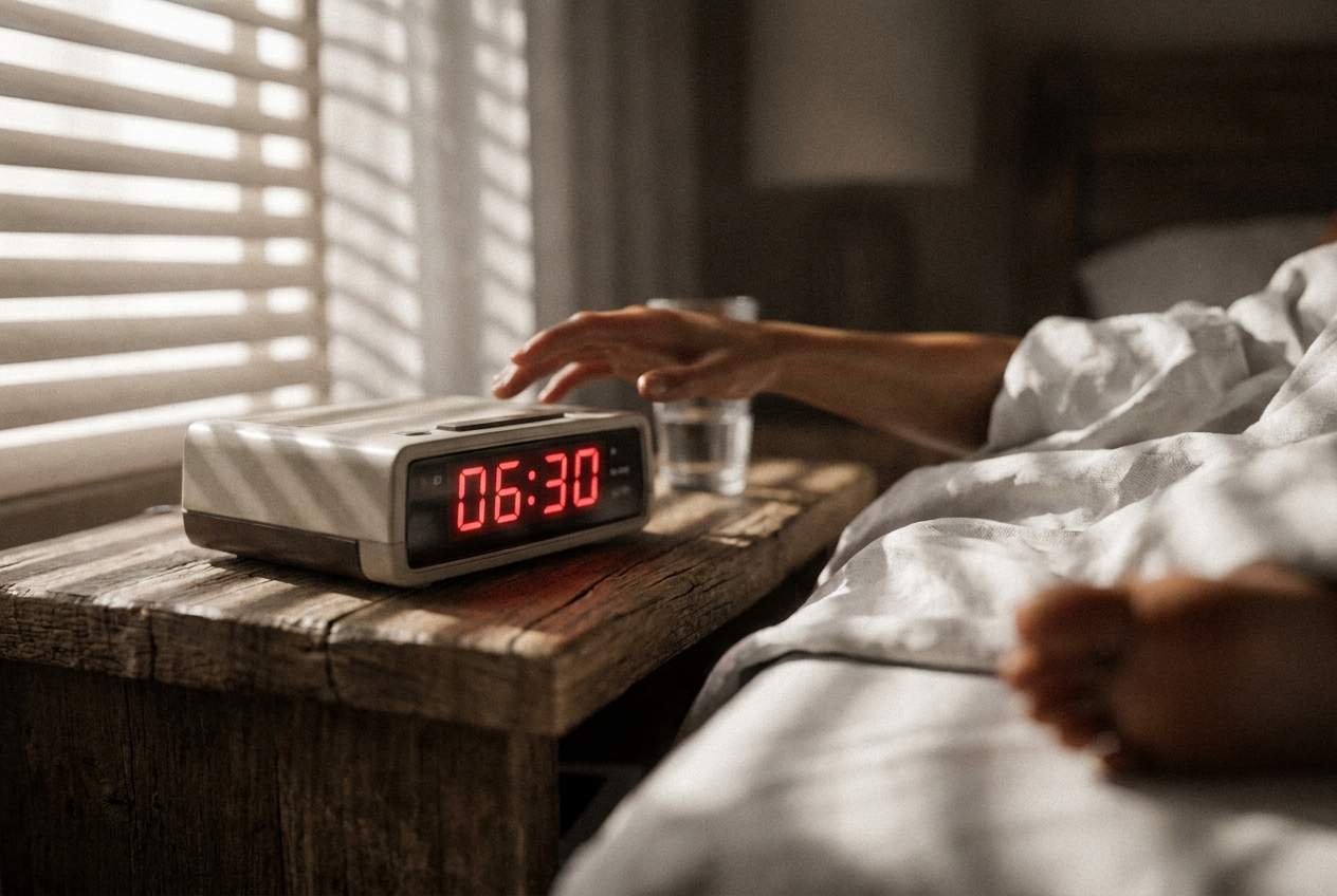 Hand reaching out from under blankets to hit snooze on an alarm clock.