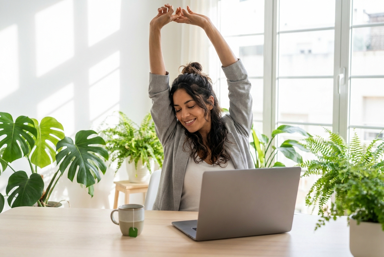 A Latina woman smiling and stretching her arms at her desk, looking energetic.