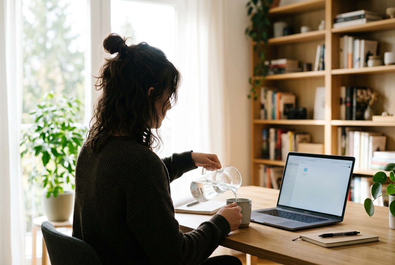 Loquat Leaf vs. Berberine and Mulberry Leaf for Blood Sugar Control: What Actually Works? Silhouette of a woman working at a laptop, pouring a glass of water by a window.