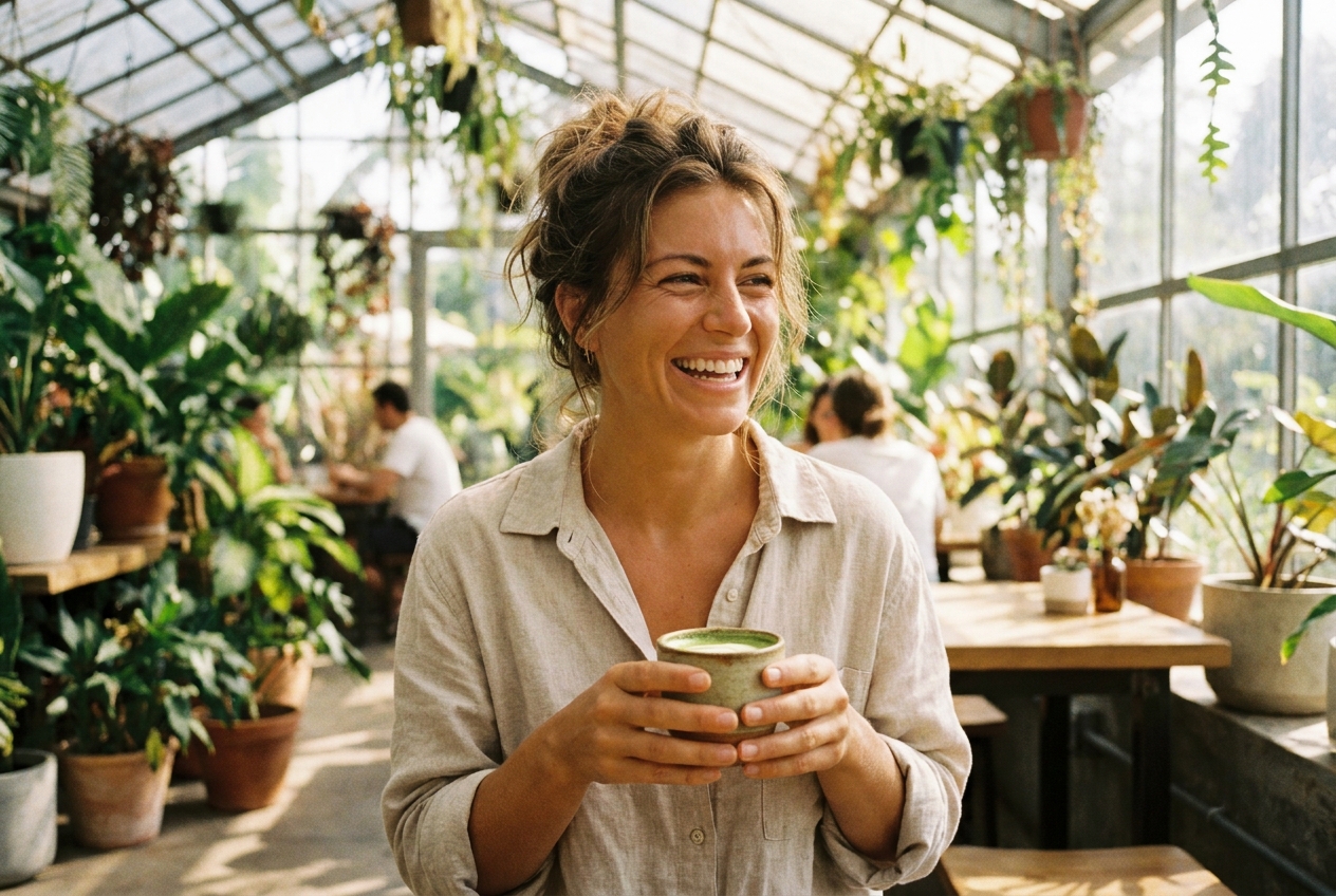 Smiling woman laughing in a bright greenhouse cafe while holding a warm ceramic cup.