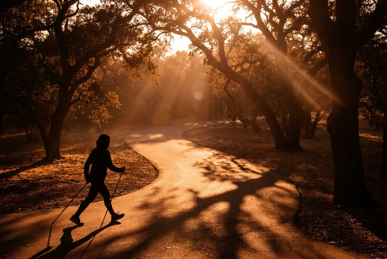 Silhouette of a person walking on a park path during a golden sunset.