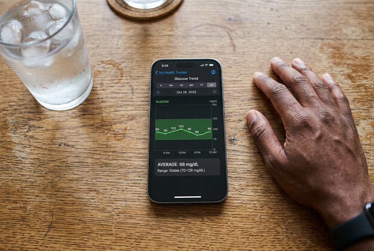 A smartphone resting on a wooden table displaying a health app with a stable green glucose trend line.