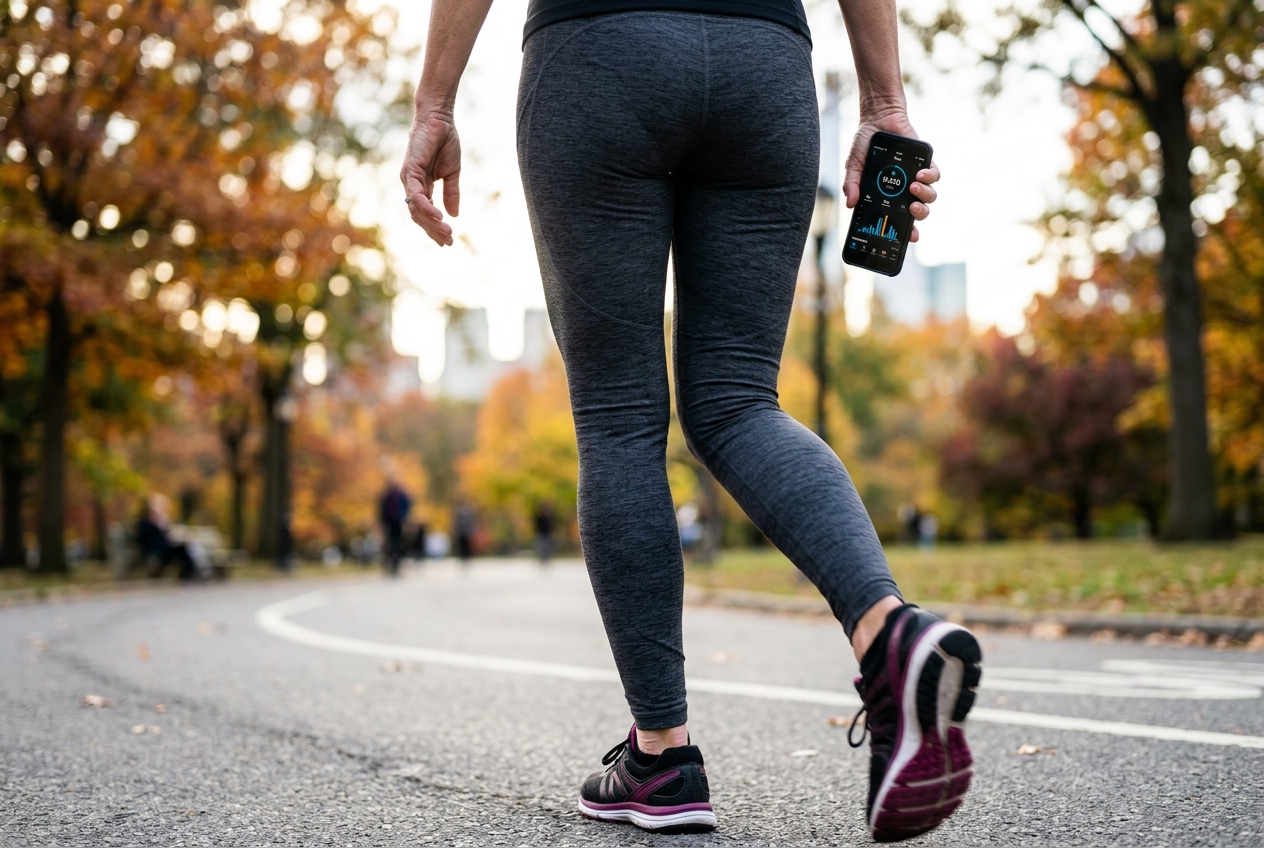 Close-up of a person's legs and waist walking briskly along a park path.