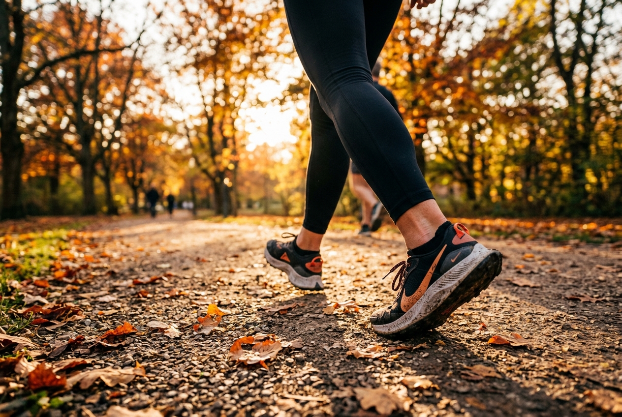 Close-up of a person's running shoes walking briskly on a sun-dappled path covered in autumn leaves.
