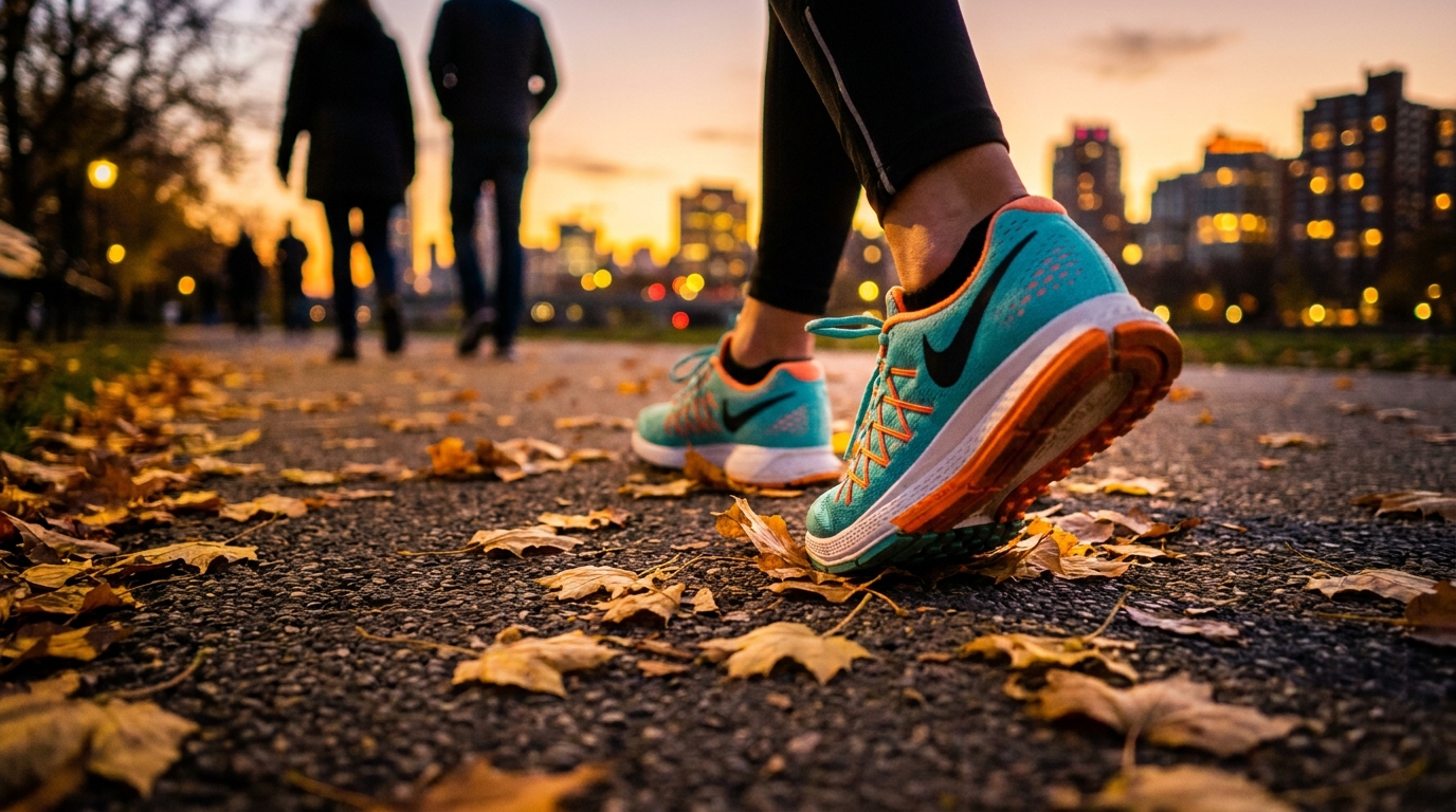 Close-up of vibrant running shoes stepping forward onto an autumn park pathway at sunset.