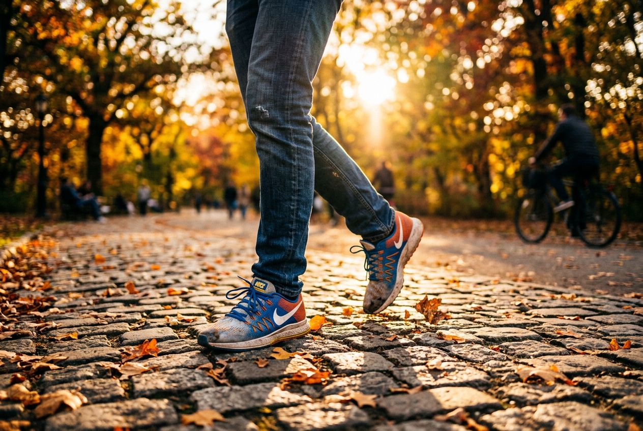 How Blood Sugar Shapes Your Immune System: The Glucose-Immunity Connection Close-up of a person's athletic shoes walking briskly on a cobblestone path during golden hour.