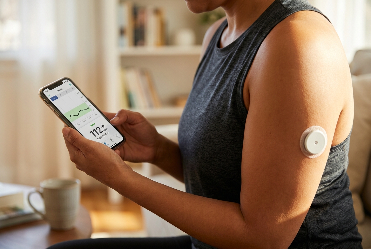 Latina woman holding a smartphone showing a glucose tracking app, wearing a continuous glucose monitor on her upper arm.