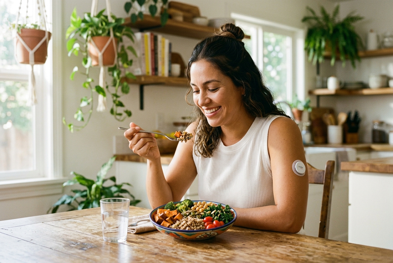 A woman eating a healthy grain bowl with a CGM patch visible on her arm.