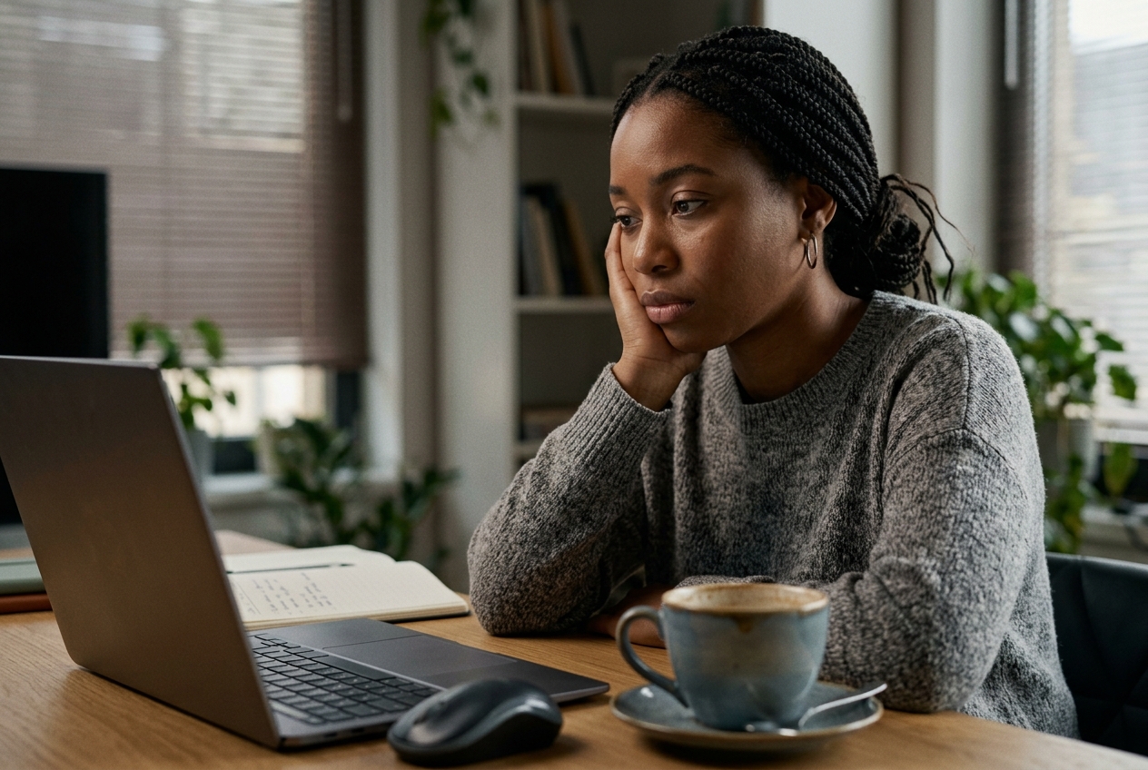 A woman sits at her desk, resting her head on her hand, looking exhausted next to a coffee mug.