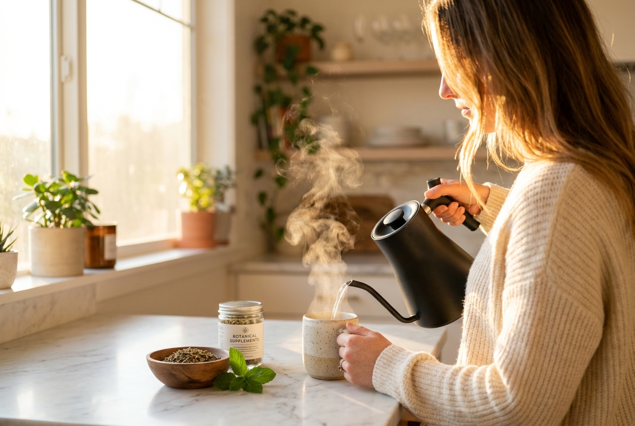 Can Botanicals Actually Help With Sugar Cravings? Over-the-shoulder view of a woman pouring hot water into a ceramic mug in a bright, sunny kitchen.
