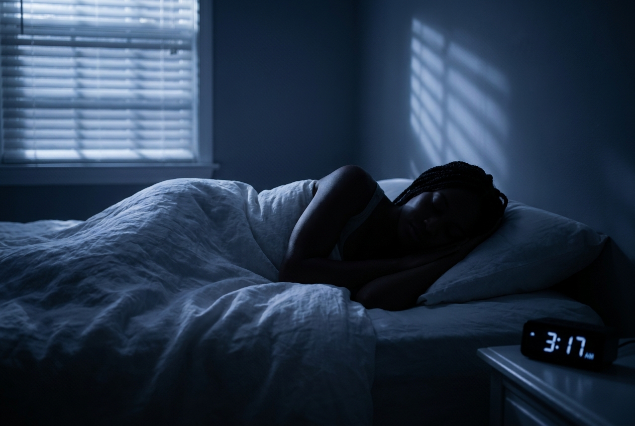 Stable Energy and Glucose Regulation: Understanding Flat CGM Graphs After Meals Silhouette of a woman with braided hair sleeping peacefully on white pillows in a moonlit room.