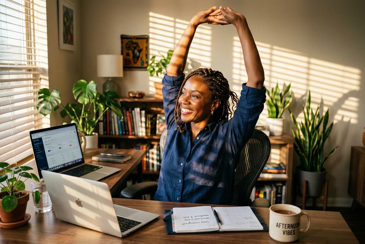 An African American woman stretching happily at her desk, avoiding the afternoon energy crash.