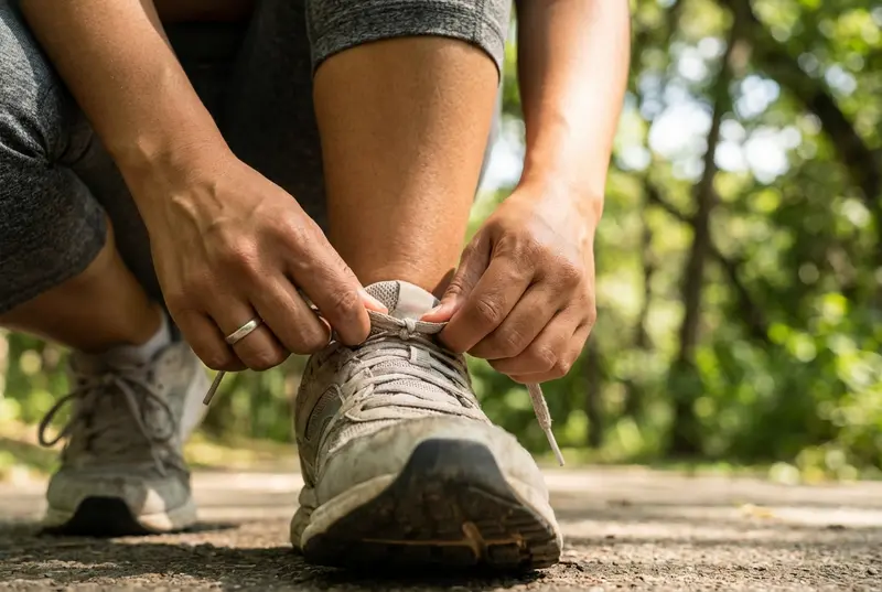 Finding Balance After a Diagnosis: A Guide to Metabolic Health and Resilience Close up of a Latina woman tying her running shoes in a sunny park.