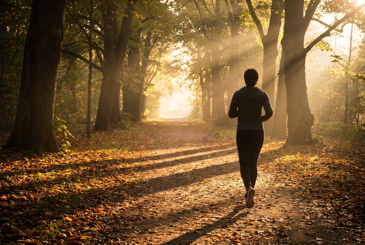 Silhouette of a woman walking briskly through a peaceful park during golden hour.